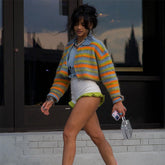 Cárdigan de punto ajustado con cuello y contraste de color para mujer, ropa de verano informal